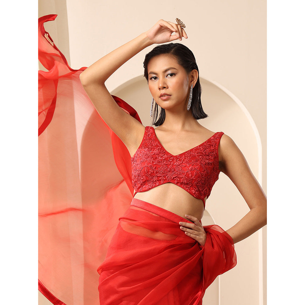 WeaverStory Red V-Neck Sleeveless Net Embroidery Blouse