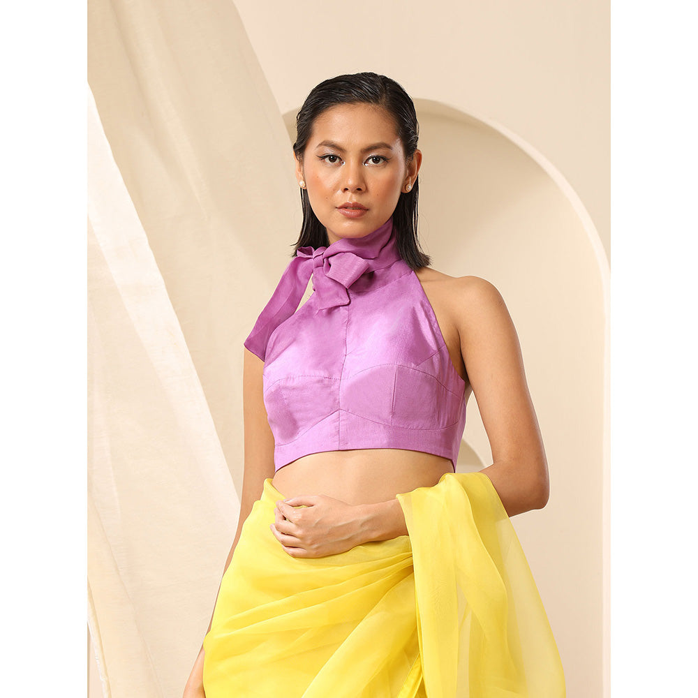 WeaverStory Lavender Pure Silk Halter Neck with Organza Neck Tie Blouse