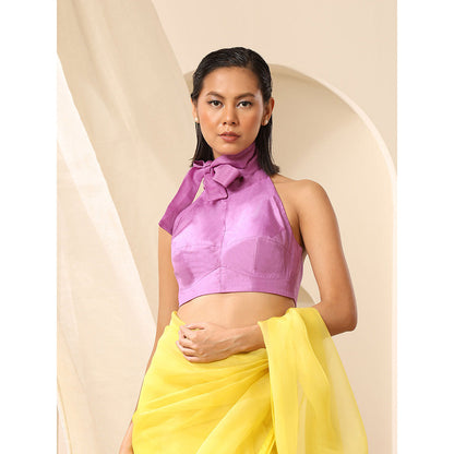 WeaverStory Lavender Pure Silk Halter Neck with Organza Neck Tie Blouse