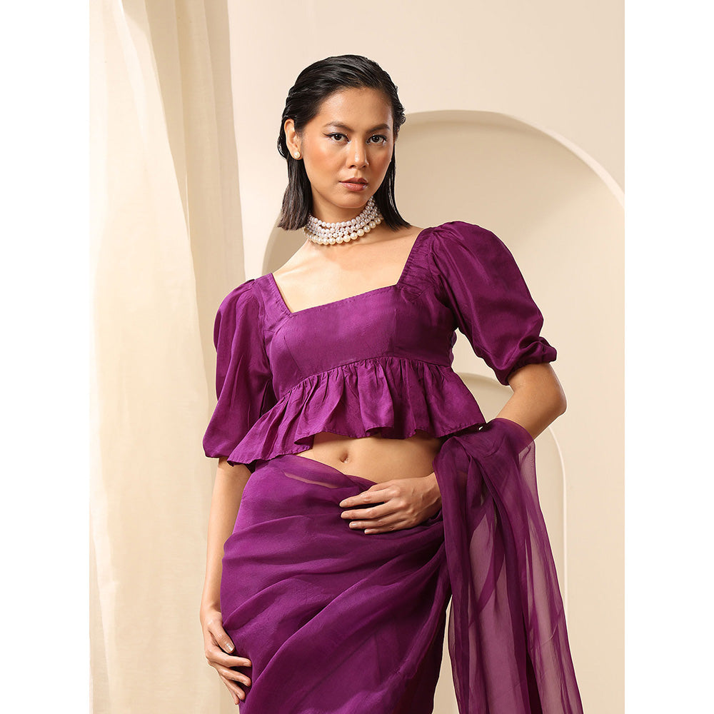 WeaverStory Purple Pure Silk Puffy Sleeves Square Neck Blouse
