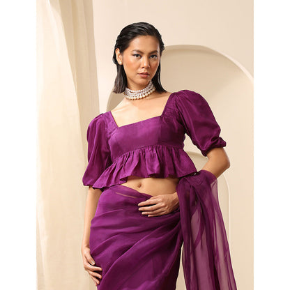 WeaverStory Purple Pure Silk Puffy Sleeves Square Neck Blouse