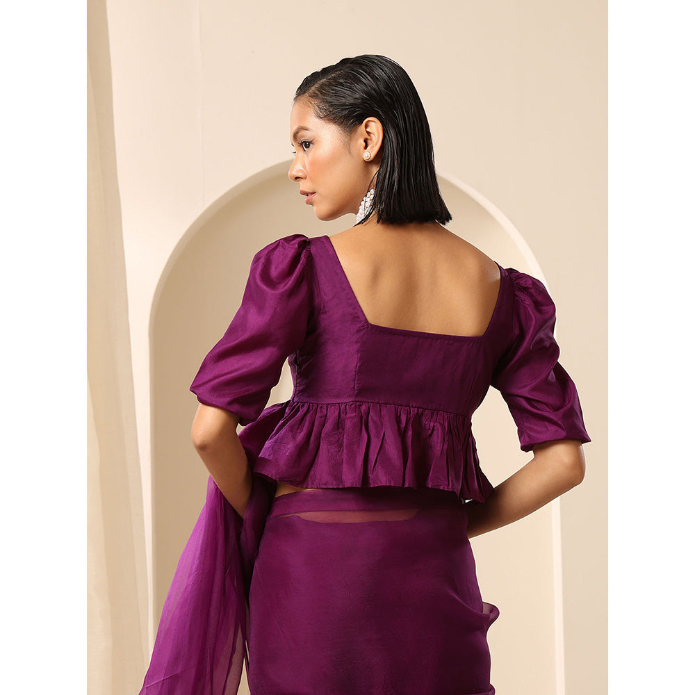 WeaverStory Purple Pure Silk Puffy Sleeves Square Neck Blouse
