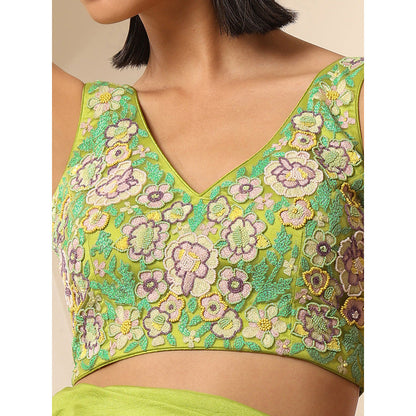 WeaverStory Green V-Neck Sleeveless Embroidery Blouse
