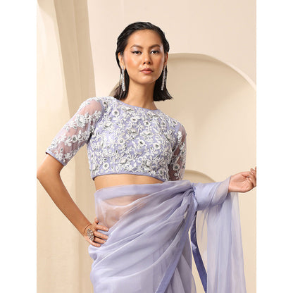 WeaverStory Lavender Boat Neck Net Embroidery Blouse