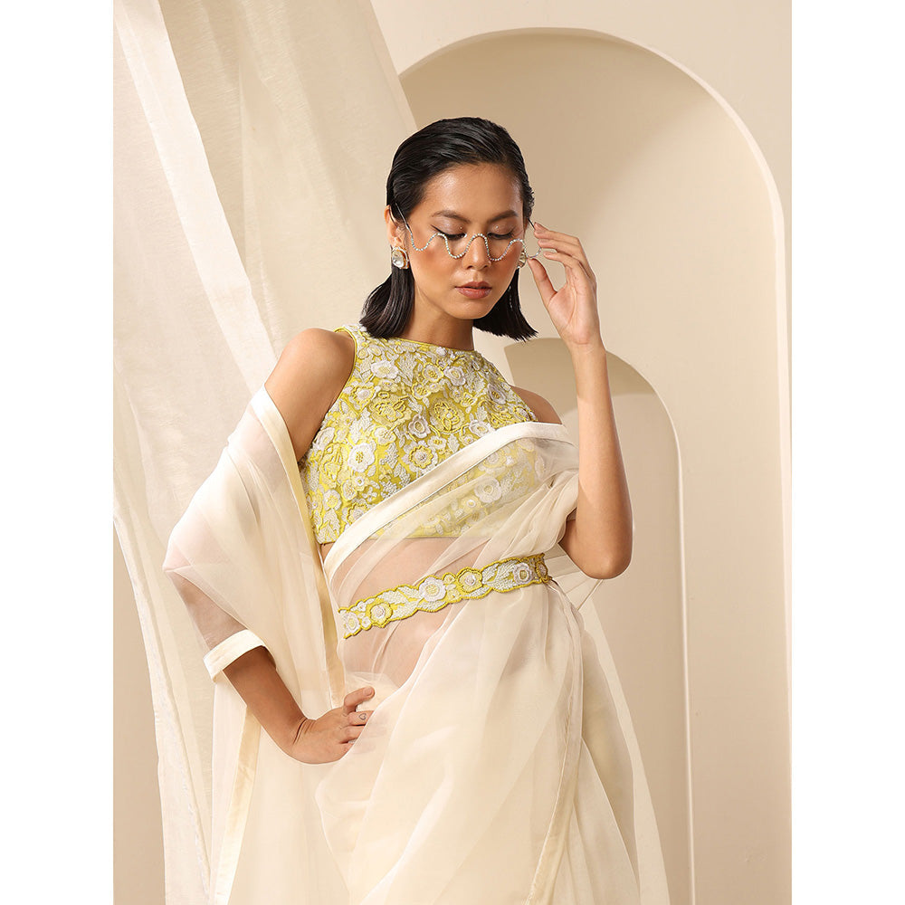 WeaverStory Yellow Sleeveless Blouse With Beaded Embroidery