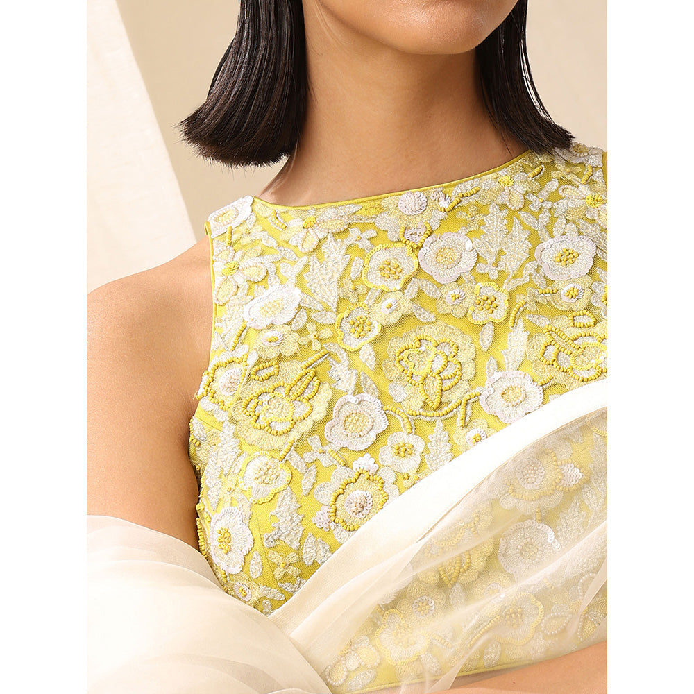 WeaverStory Yellow Sleeveless Blouse With Beaded Embroidery