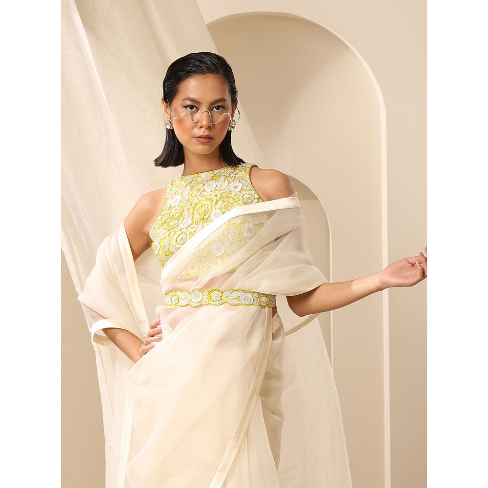 WeaverStory Yellow Sleeveless Blouse With Beaded Embroidery