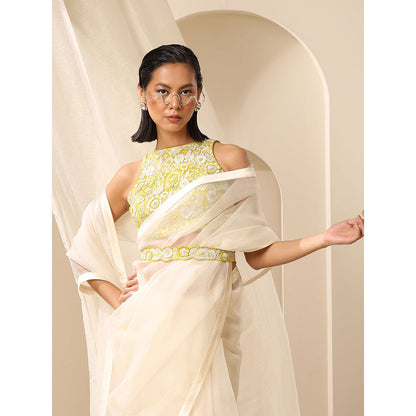 WeaverStory Yellow Sleeveless Blouse With Beaded Embroidery