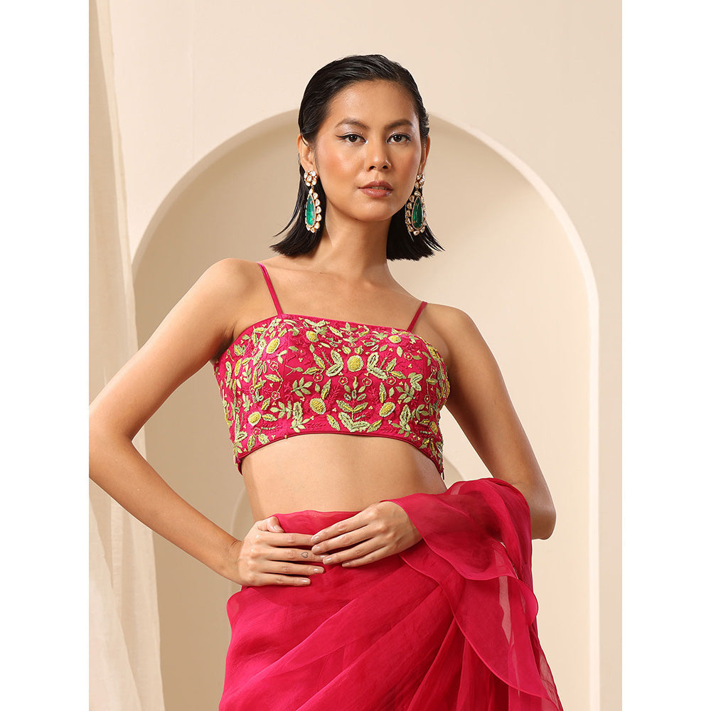 WeaverStory Magenta Sleeveless Net Cami Blouse With Beaded Embroidery