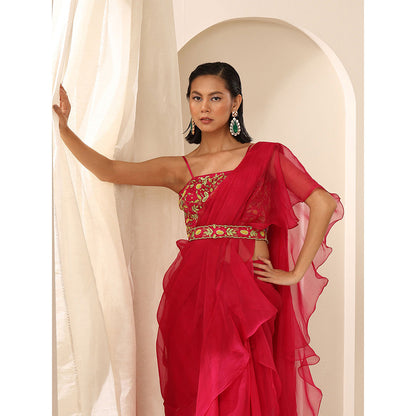 WeaverStory Magenta Sleeveless Net Cami Blouse With Beaded Embroidery