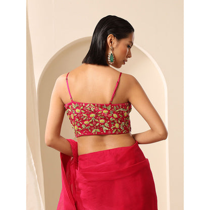 WeaverStory Magenta Sleeveless Net Cami Blouse With Beaded Embroidery