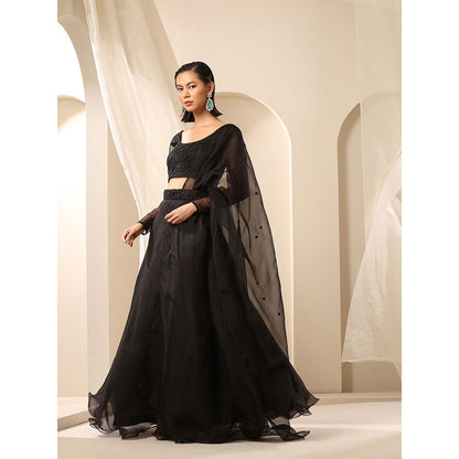WeaverStory Black Organza Lehenga Embroidered Blouse And Dupatta with Belt (Set of 4)