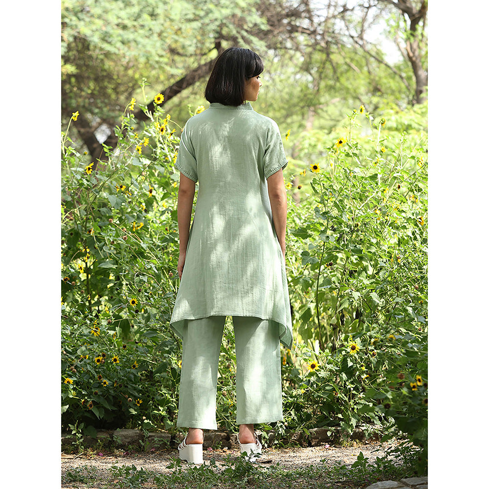 WeaverStory Sage Green Embroidered Kurta with Pant (Set of 2)