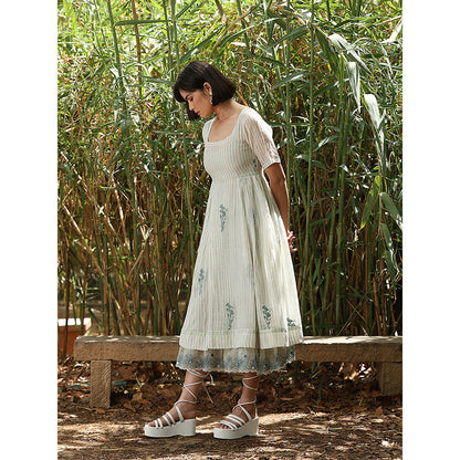 WeaverStory Off White Handloom Printed Dress