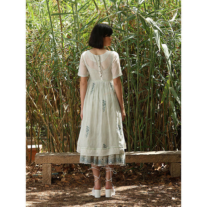 WeaverStory Off White Handloom Printed Dress