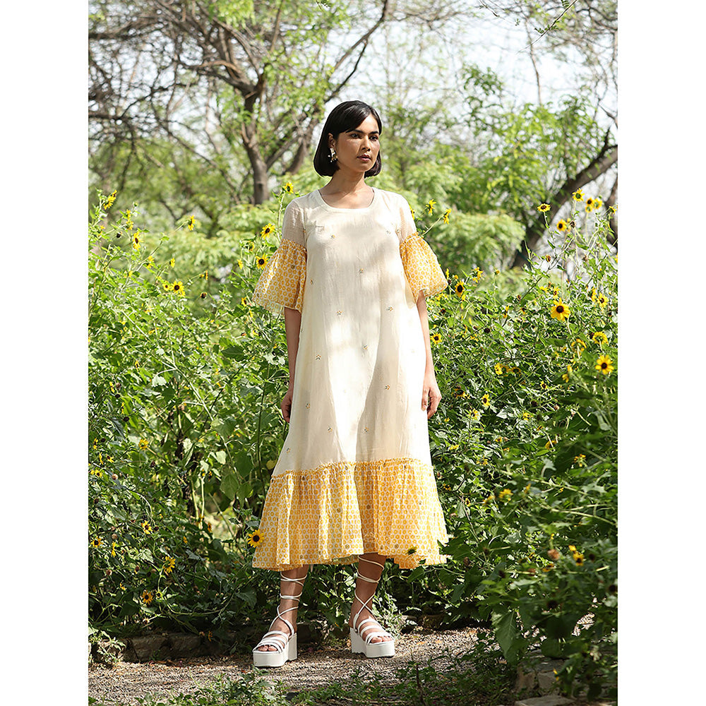 WeaverStory Yellow Handloom A-Line Printed Dress