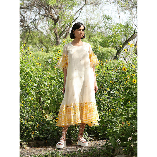 WeaverStory Yellow Handloom A-Line Printed Dress