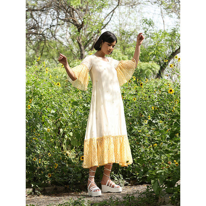 WeaverStory Yellow Handloom A-Line Printed Dress