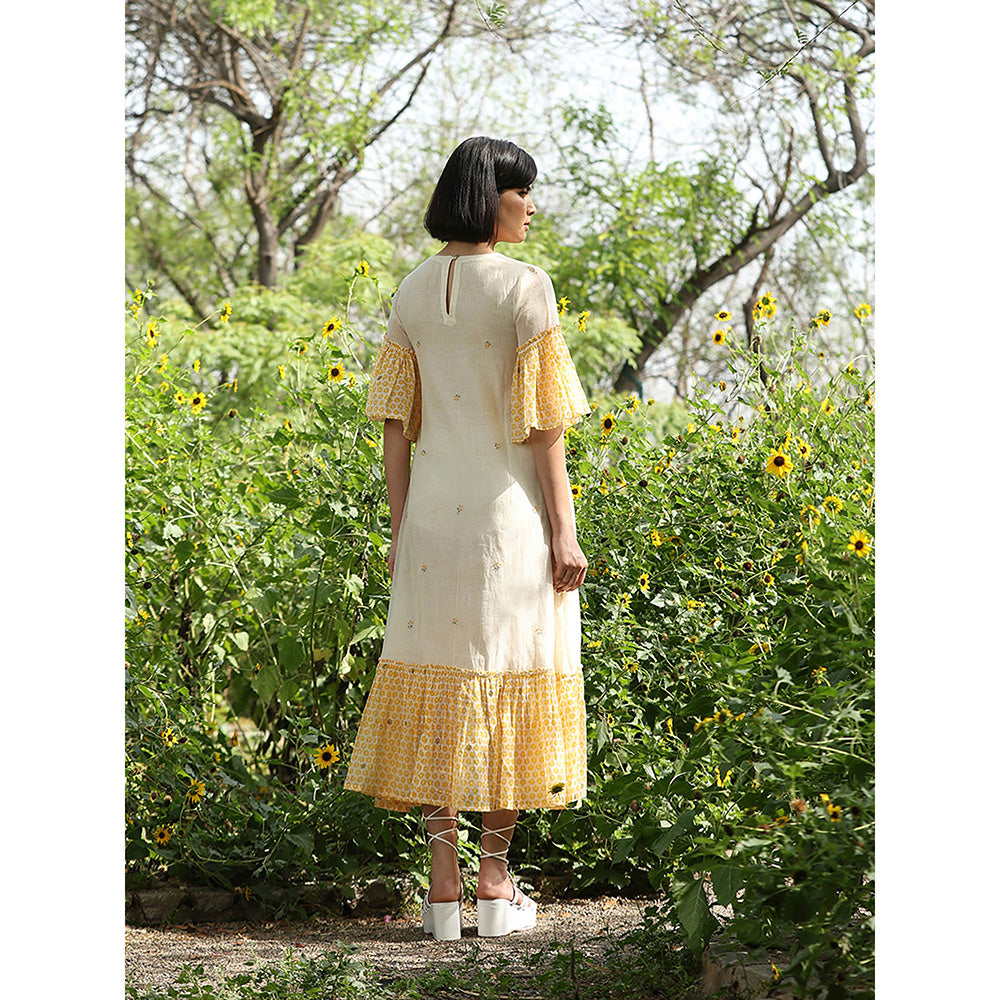 WeaverStory Yellow Handloom A-Line Printed Dress