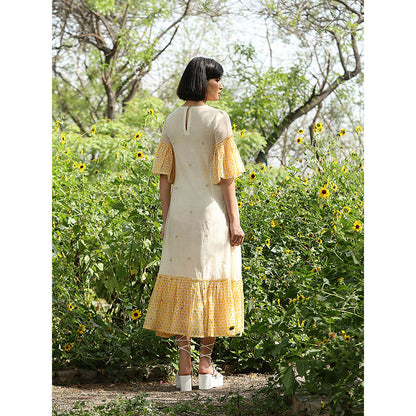 WeaverStory Yellow Handloom A-Line Printed Dress