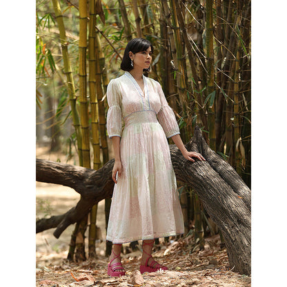 WeaverStory White Hand Printed Dress