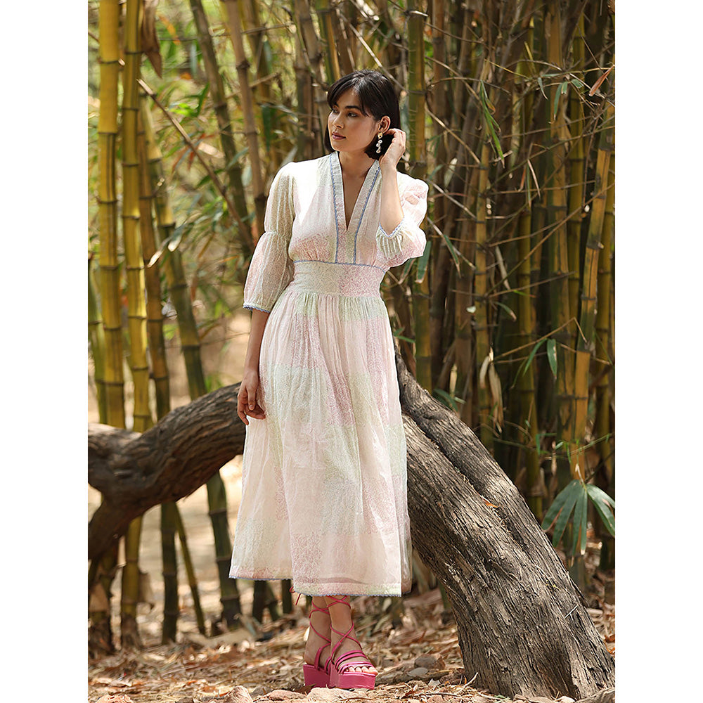 WeaverStory White Hand Printed Dress