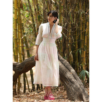 WeaverStory White Hand Printed Dress