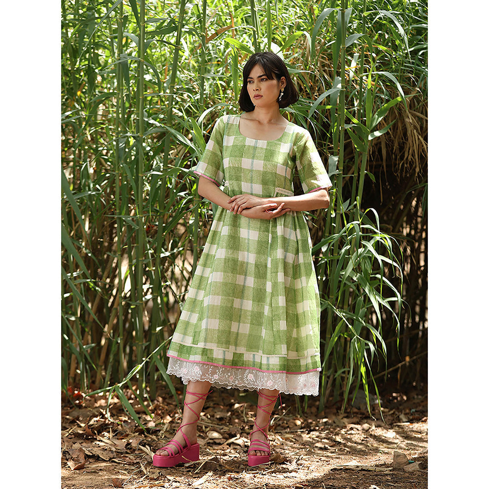 WeaverStory Green Hand block Printed Checkered Dress