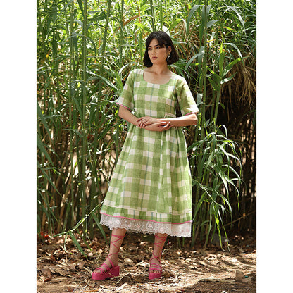WeaverStory Green Hand block Printed Checkered Dress