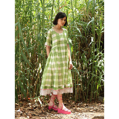 WeaverStory Green Hand block Printed Checkered Dress