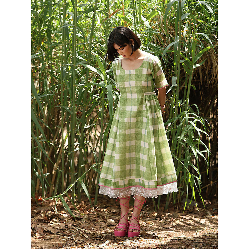 WeaverStory Green Hand block Printed Checkered Dress
