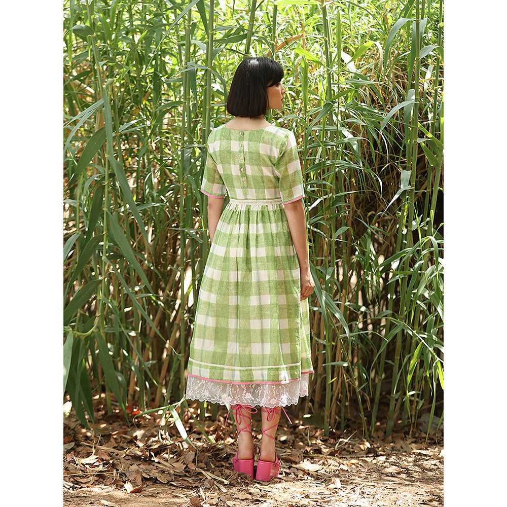 WeaverStory Green Hand block Printed Checkered Dress