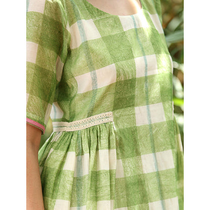 WeaverStory Green Hand block Printed Checkered Dress