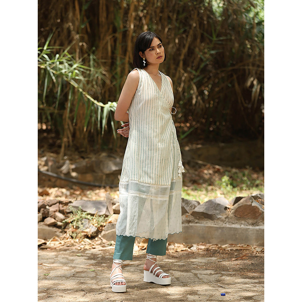 WeaverStory White Wrap Printed Kurta with Pant (Set of 2)