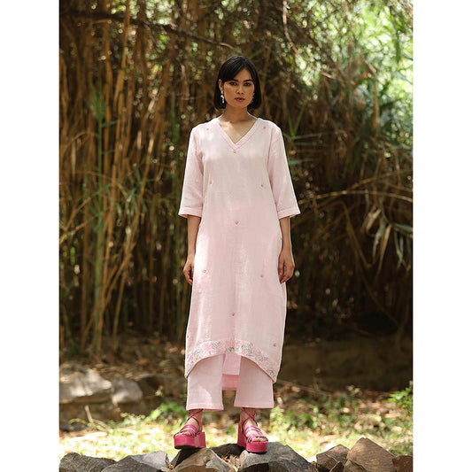 WeaverStory Pink Printed Kurta with Pant (Set of 2)