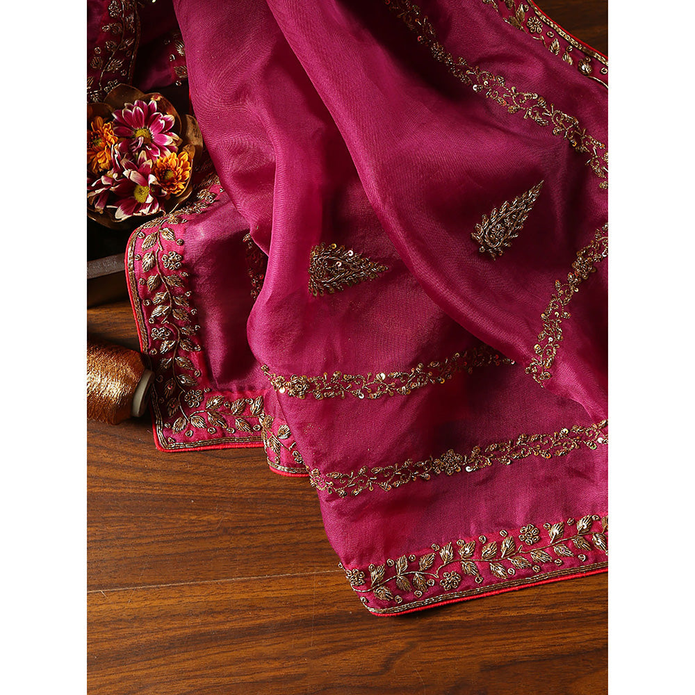 WeaverStory Pink Embroidered Zardozi Borders Dupatta