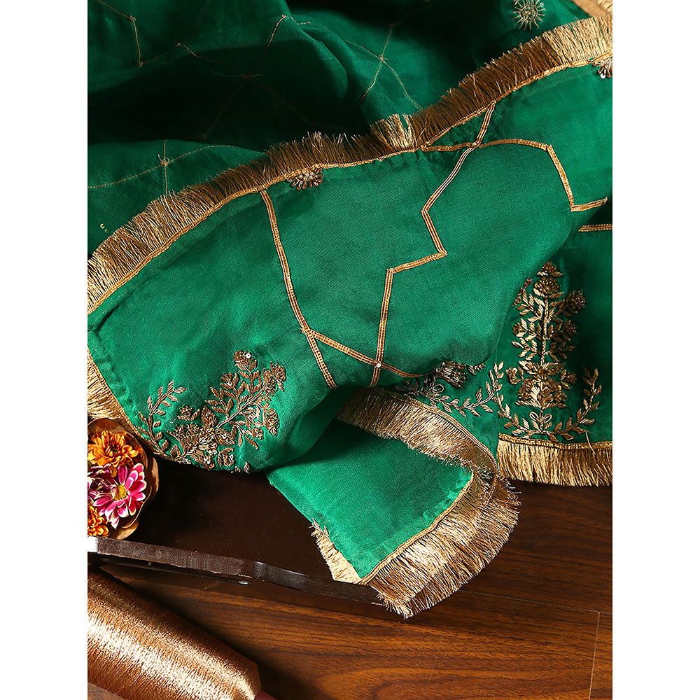 WeaverStory Verdian Green Embroidered Gota Work Dupatta