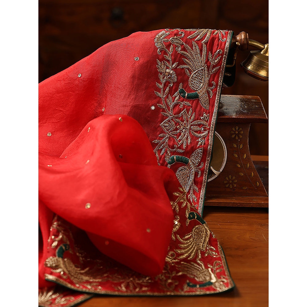 WeaverStory Red Embroidered Zardozi Border Dupatta
