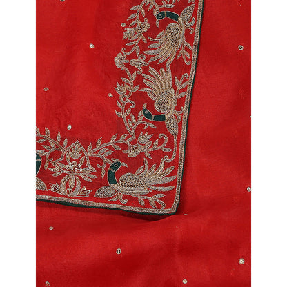 WeaverStory Red Embroidered Zardozi Border Dupatta
