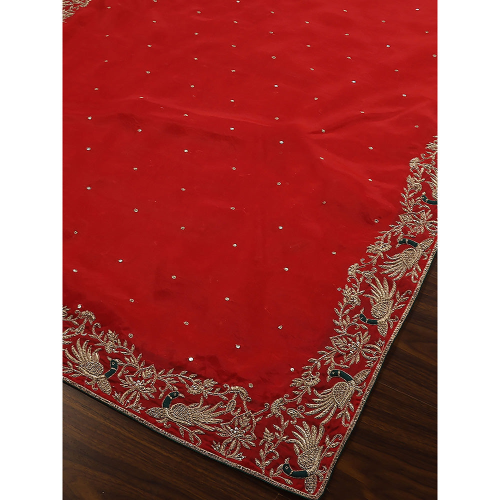 WeaverStory Red Embroidered Zardozi Border Dupatta