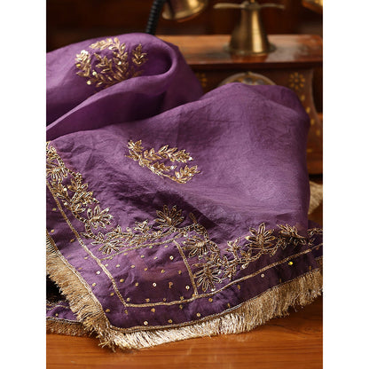 WeaverStory Purple Embroidered Zardozi Borders Dupatta