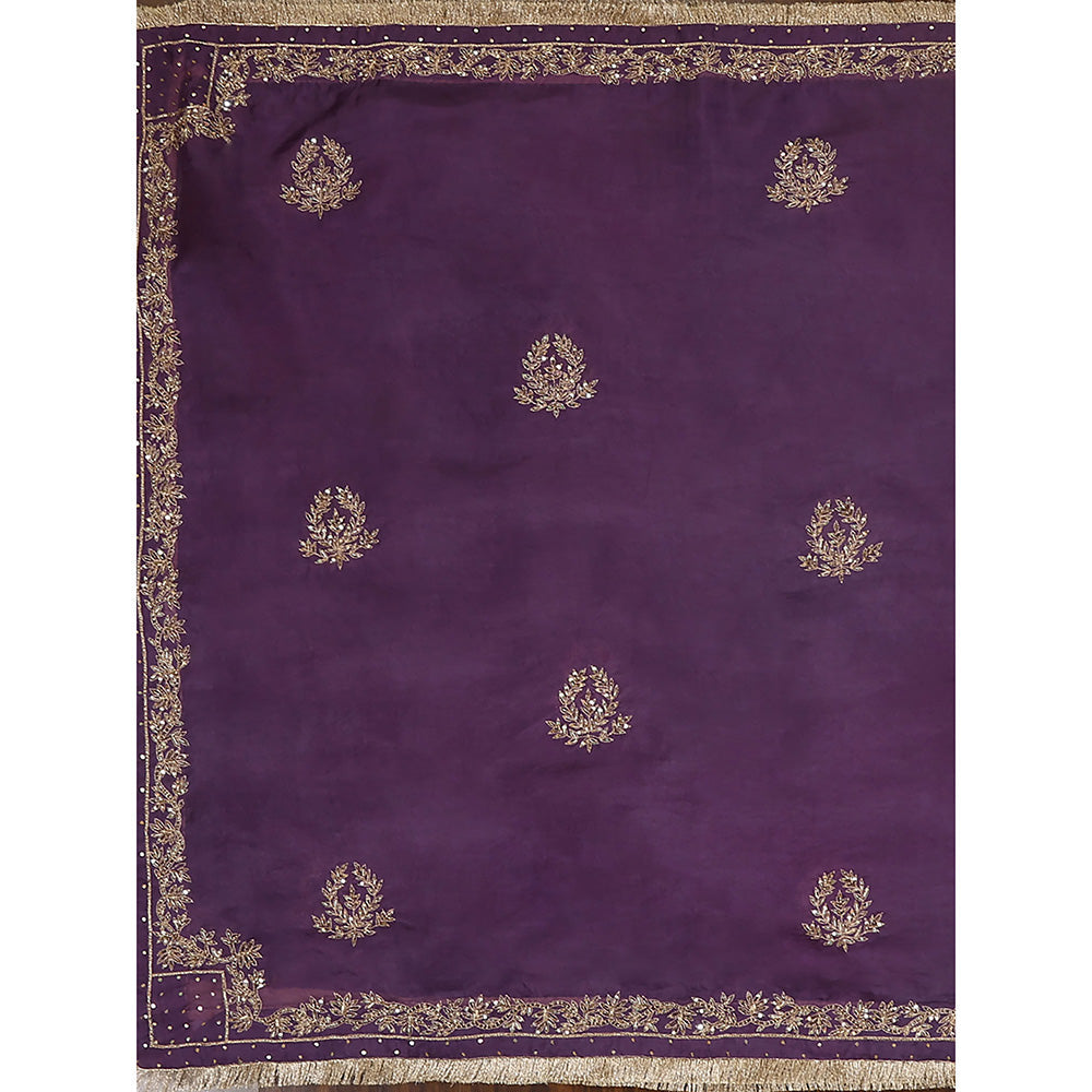 WeaverStory Purple Embroidered Zardozi Borders Dupatta