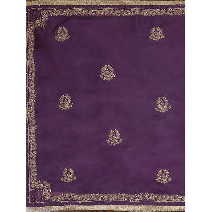 WeaverStory Purple Embroidered Zardozi Borders Dupatta