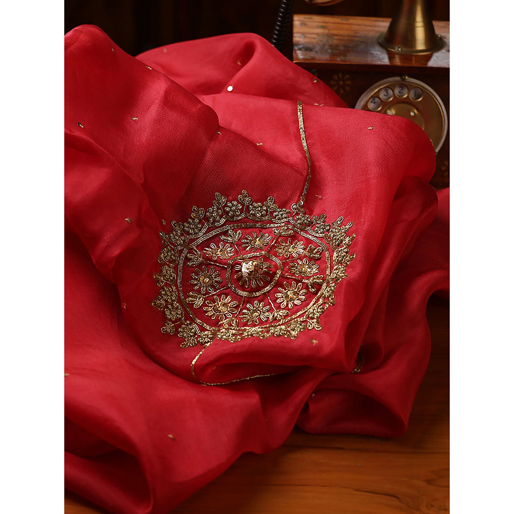 WeaverStory Red Embroidered Zardozi Dupatta