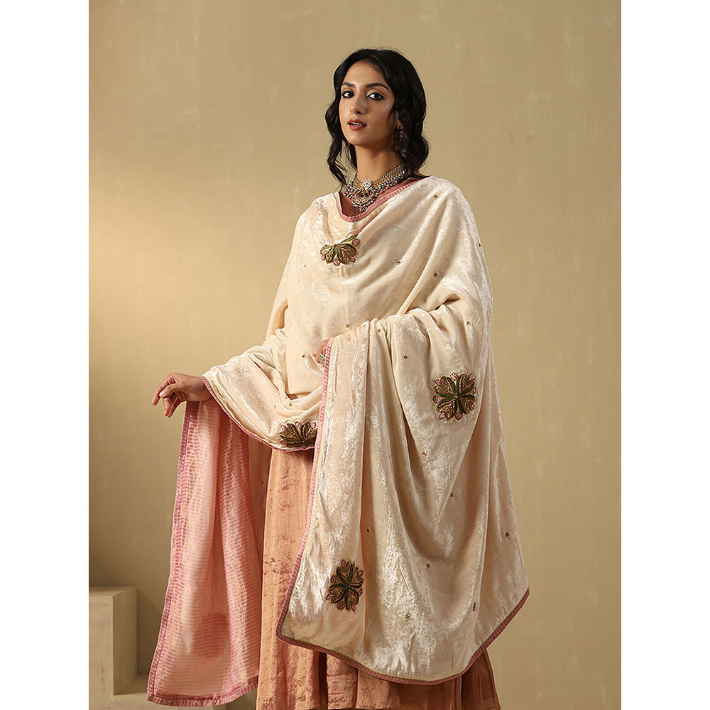 WeaverStory Cream Embroidered Dupatta
