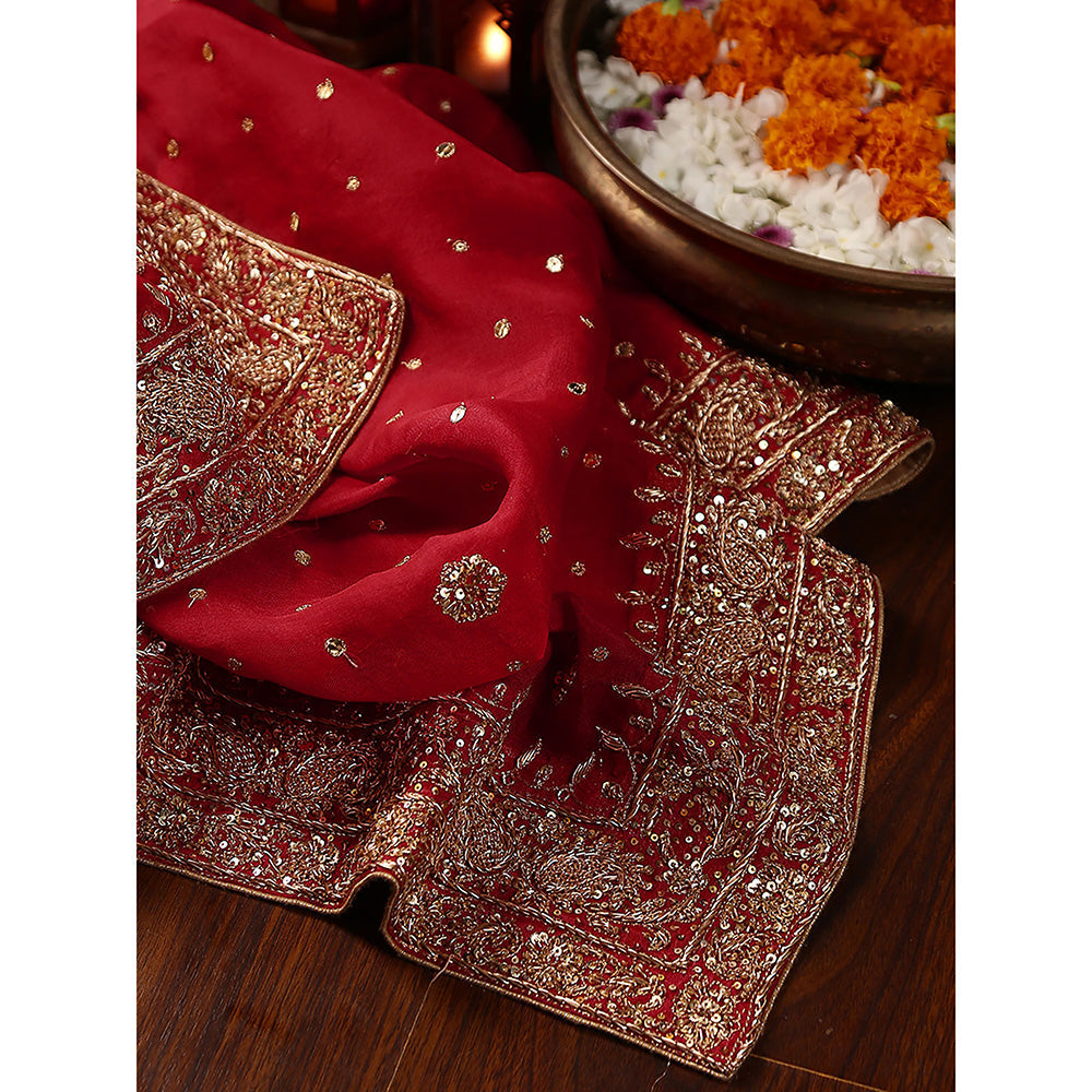 WeaverStory Red Embroidery Dupatta