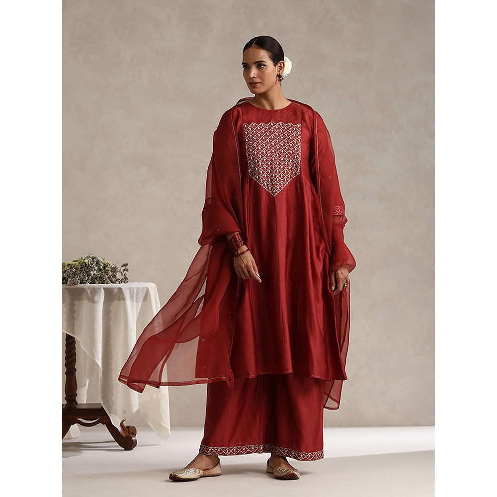 WeaverStory Maroon Chanderi Embroidered Kurta with Palazzo and Organza Dupatta (Set of 3)