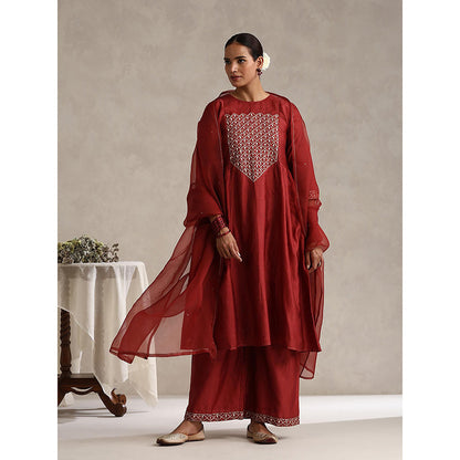 WeaverStory Maroon Chanderi Embroidered Kurta with Palazzo and Organza Dupatta (Set of 3)
