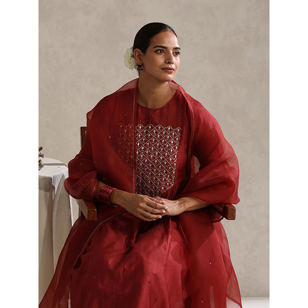 WeaverStory Maroon Chanderi Embroidered Kurta with Palazzo and Organza Dupatta (Set of 3)