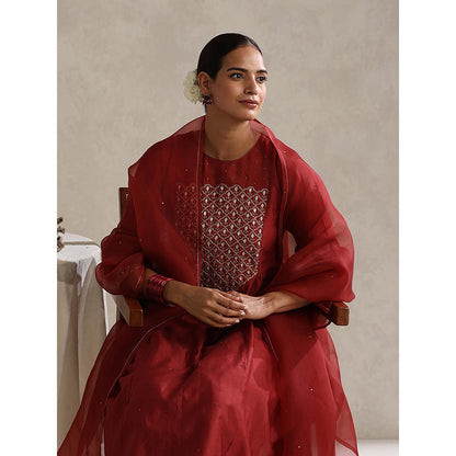 WeaverStory Maroon Chanderi Embroidered Kurta with Palazzo and Organza Dupatta (Set of 3)
